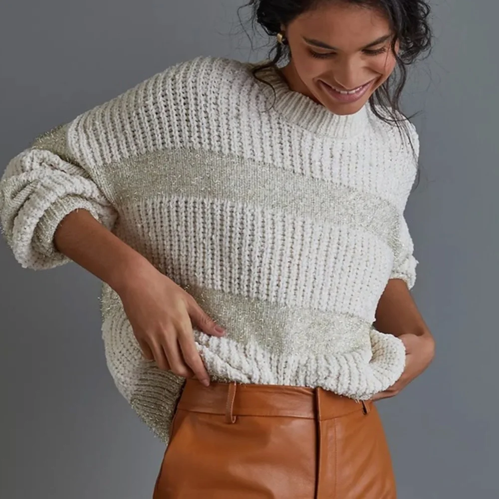 NWT Raga Ellen Tinsel Chenille Sweater Anthropologie Cream Metallic Small - Picture 1 of 12